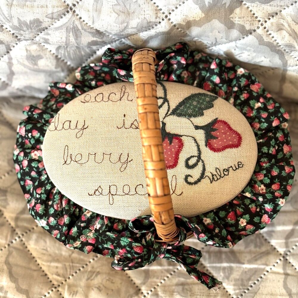 Vintage Wicker Sewing Basket Strawberry Applique Embroidery Floral Cottagecore